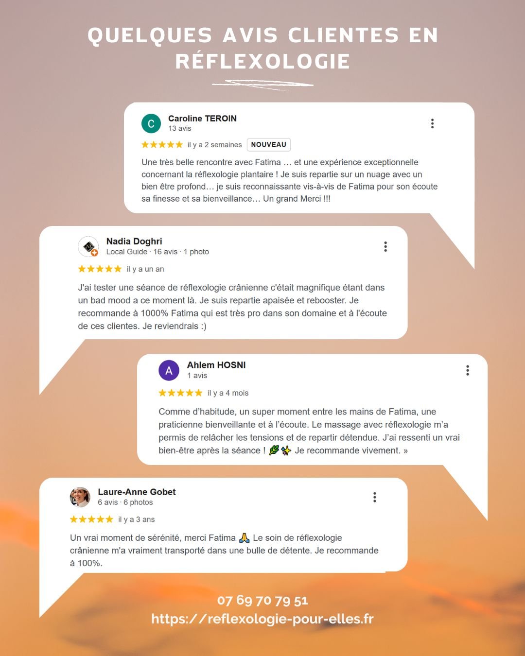 avis sur la réflexologie de Caroline, Nadia Ahlem Laure Anne
